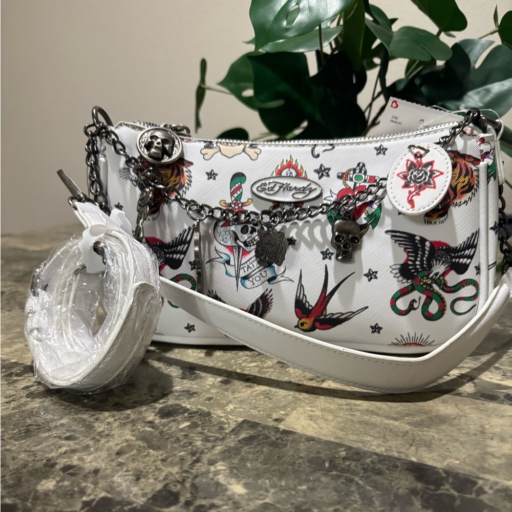Ed Hardy White Shoulder Bag with Multicolor Tattoo Motifs
